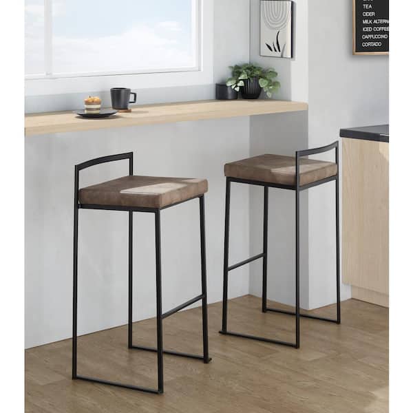 Fuji 30.75 in. Cowboy Brown Fabric and Black Metal Fixed-Height Bar Stool (Set of 2)