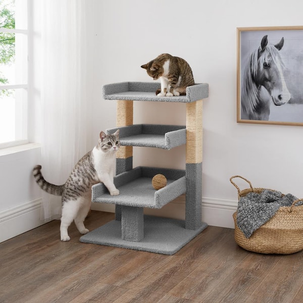 HOMESTOCK Gray Triple Cat Tree, Multi-Level Cat Condo Play House Activity Center, Scratching Post House Furniture for Indoor Cats