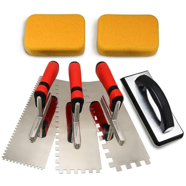 Laybus 11 in. x 7 in. Stainless Steel Square Notch Trowel Set with Rubber Grout Float and Grout Sponge for Tiling Grouting