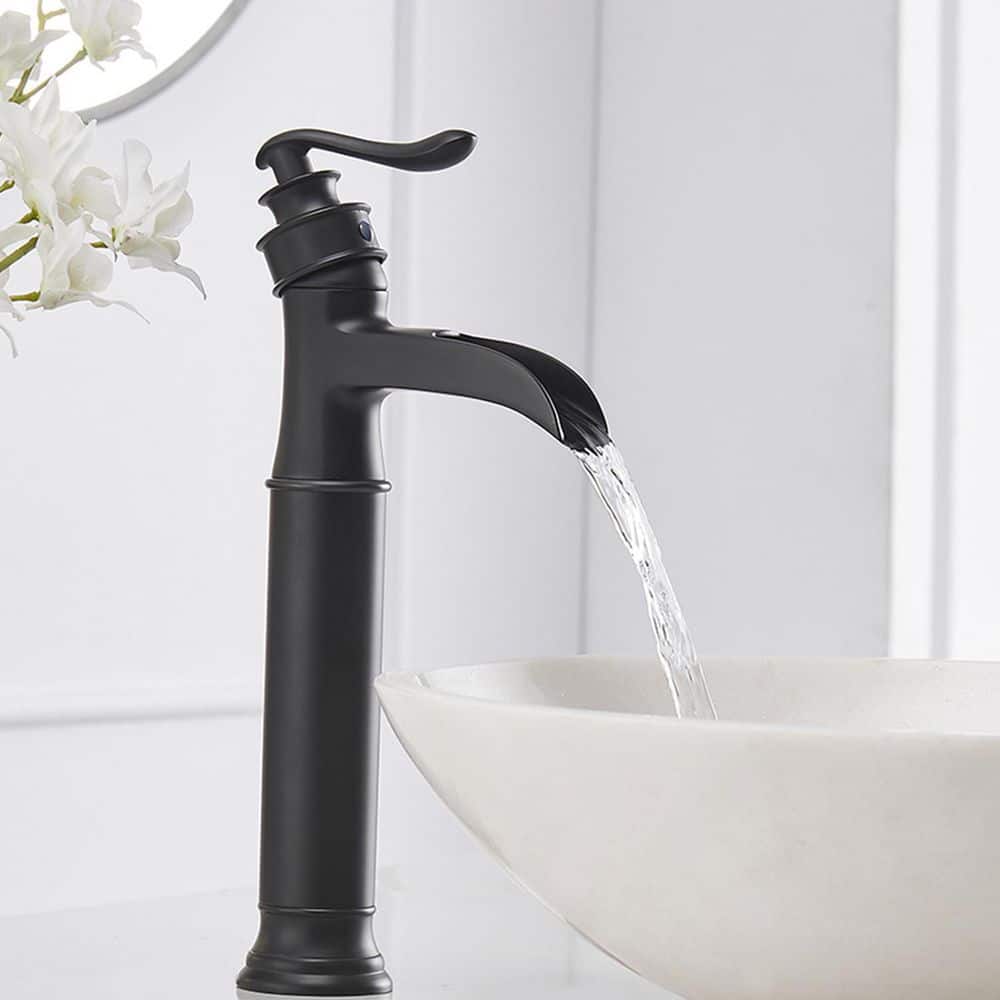 Matte Black Waterfall Single-Handle Vessel Bathroom Faucet with Drain Assembly