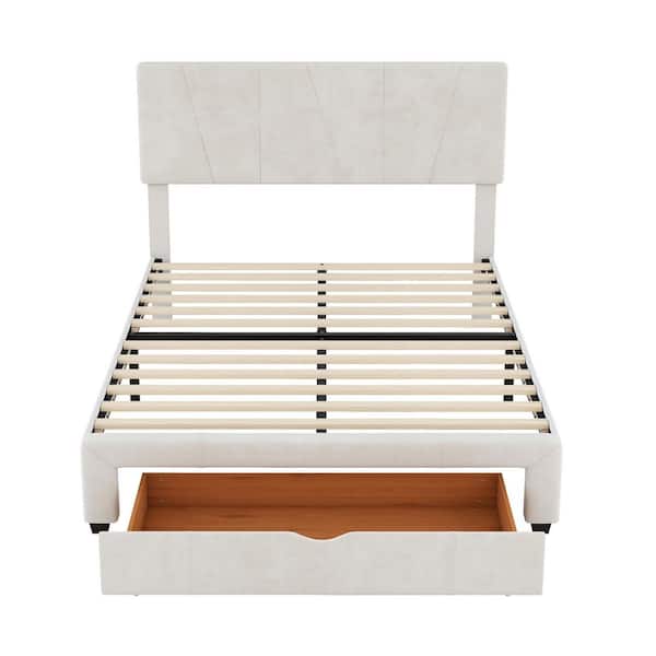 Donason Beige Wood Frame Full Size Platform Bed with One Drawer and Adjustable Headboard