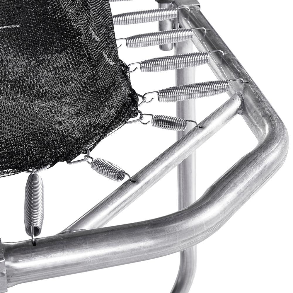 Black Rectangular Steel Trampoline with Enclosure and Basketball Hoop