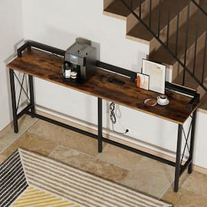 Narrow Charging Station 70.9 in. Brown Rectangle Wood Console Table with Outlet and USB Ports, Entryway Table Side Table