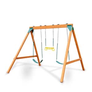A-Frame Wooden Swing Set with 2-Belt Swings and Ring/Trap Combo