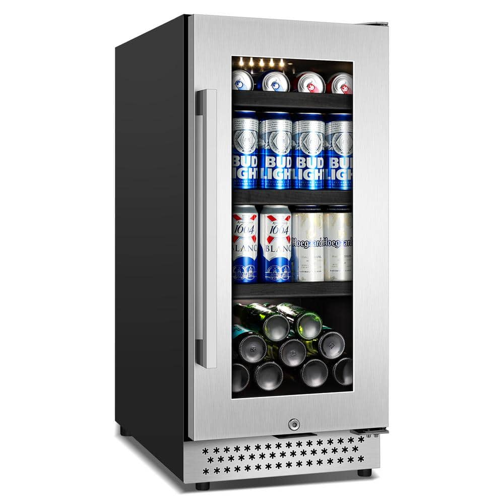 TAZPI 15 in. 127 (12 oz.) Can Seamless Single Zone Built-In/Freestanding Beverage Cooler with Childproof Lock, Stainless Steel