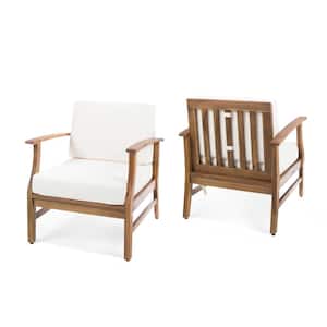 Teak Finish Acacia Wood Outdoor Patio Lounge Chairs with Cream Cushion (2-Pack)