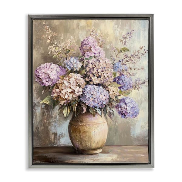 Stupell Industries Purple Hydrangea Pottery by Petal Prints Design Gray Floater Frame Nature Graphic Art Print 31 in. x 25 in.