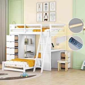 White Twin Over Twin Wood Bunk Bed with 3-Layer Shelves, 8-Drawer, Built-in Desk, LED Light and USB Ports