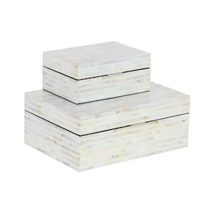 Rectangle Mother of Pearl Handmade Box with Linear Mosaic Pattern and Hinged Lid (Set of 2)