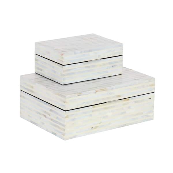 Litton Lane Rectangle Mother of Pearl Handmade Box with Linear Mosaic Pattern and Hinged Lid (Set of 2)