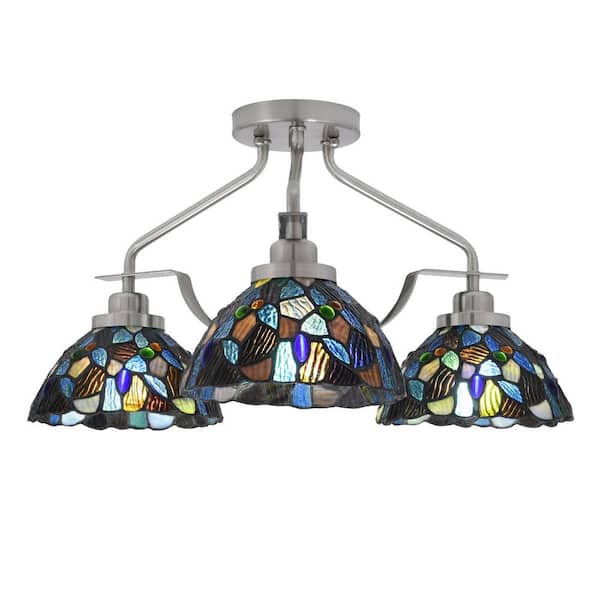 Unbranded Zara 17.75 in. 3-Light Brushed Nickel Semi-Flush with 7 in. Blue Mosaic Art Glass Shades No Bulbs Included