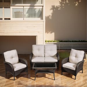 Brown 4-Piece Wicker Outdoor Loveseat Set Patio Rattan Loveseat 2 Lounge Chairs and Coffee Table with Beige Cushions