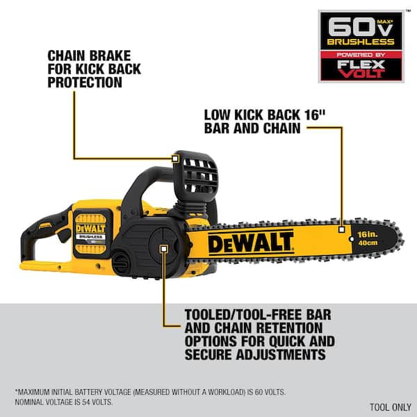 DEWALT 60V MAX 16in. Brushless Battery Powered Chainsaw Kit with (1)  FLEXVOLT 2Ah Battery & Charger DCCS670T1 - The Home Depot