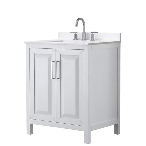 Wyndham Collection Daria 30 in. W x 22 in. D x 35.75 in. H Single Sink Bath Vanity in White with Polished Chrome Trim White Quartz Top