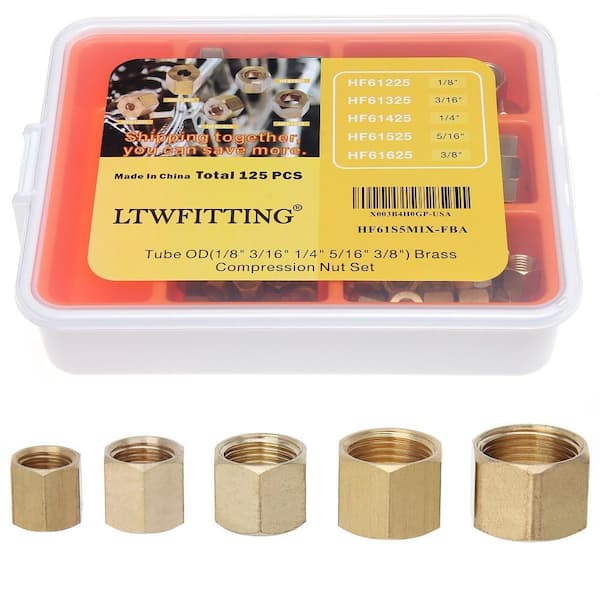 Assortment Kit Tube OD 1/8" 3/16" 1/4" 5/16" 3/8" Brass Compression Nut Set (125-Pack)
