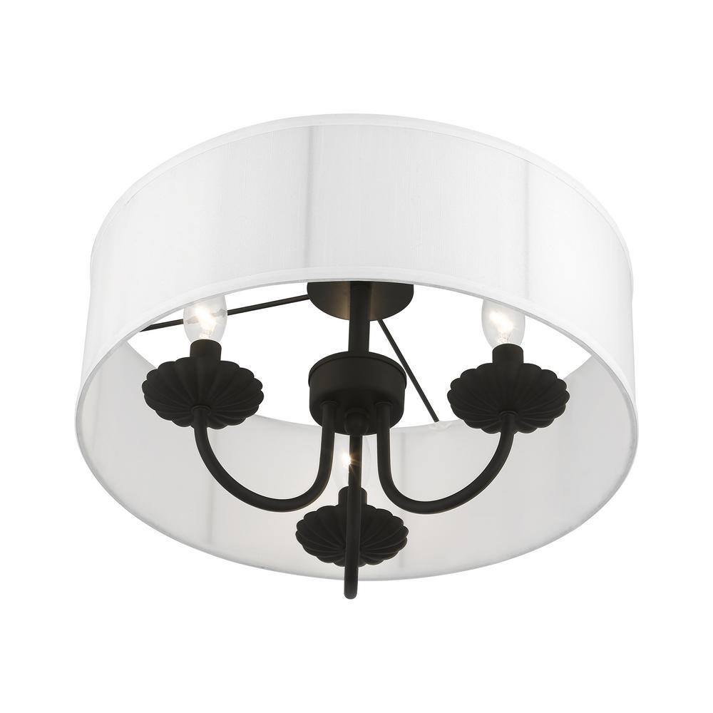 Brookdale Black Brass 3-Light Semi-Flush Mount with Fabric Shade