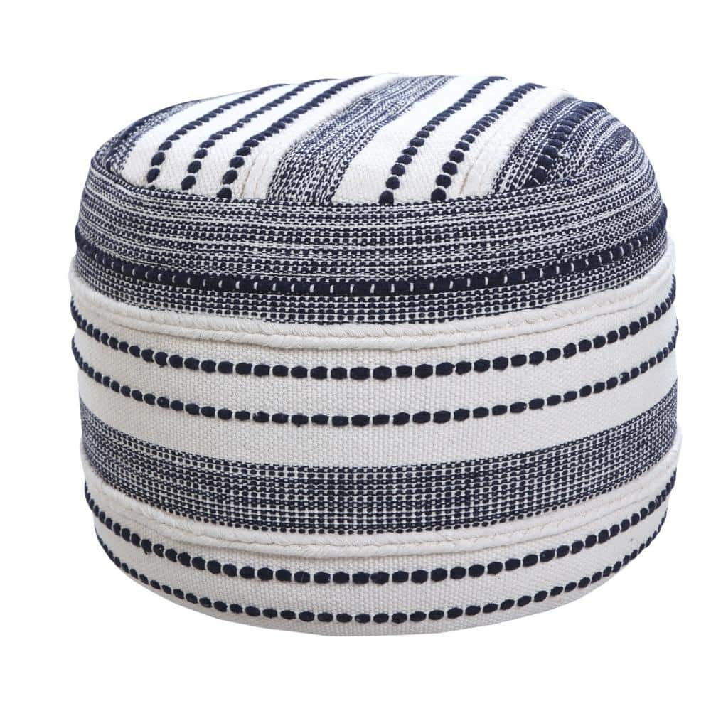 LR Home Small Braided Striped Indoor Round Pouf, Navy/Ivory, 18" x 18" x 14"