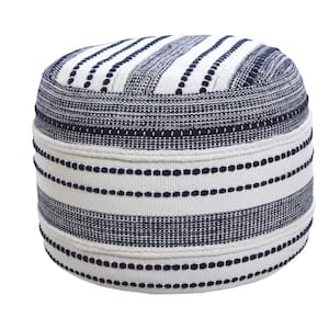 Nora Navy Blue/White Striped Hand-Woven Organic Cotton Ottoman Pouf