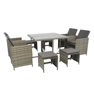 9-Piece Wicker Outdoor Dining Chair with Glass Table, Dark Gray Cushions, Rattan Space Saving Patio Conversation Set