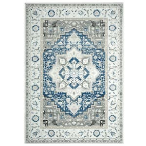 Light Blue 8 ft. x 10 ft. Vintage Medallion Washable Oriental Area Rug