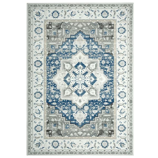 Garvee Light Blue 8 ft. x 10 ft. Vintage Medallion Washable Oriental Area Rug