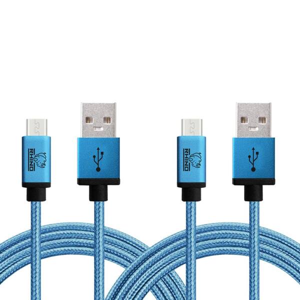 Rhino Micro-USB Cable 3.3 ft. Coral Blue Tough-Braided Extra-Strong Jacket Sync/Charge with 5000+ Bend Lifespan (2-Pack)