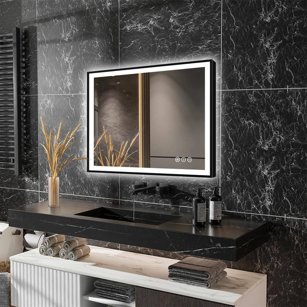LumiCont 40 in. W x 32 in. H Medium Rectangular Black Framed Anti-Fog LED Wall Bathroom Vanity Mirror Lighted Mirror price history on PriceWatchPro