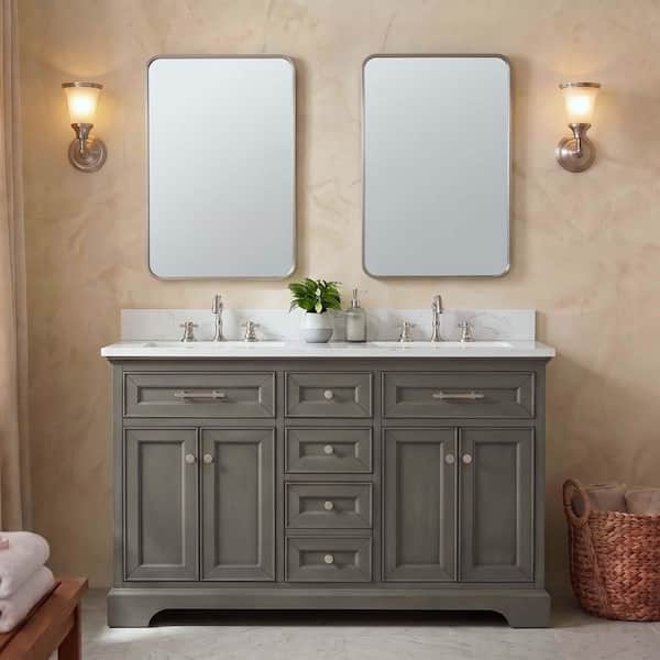 Thompson 54 in. Double Sink Freestanding Bathroom Vanity in Silver Gray with Carrara White Engineered Stone Top