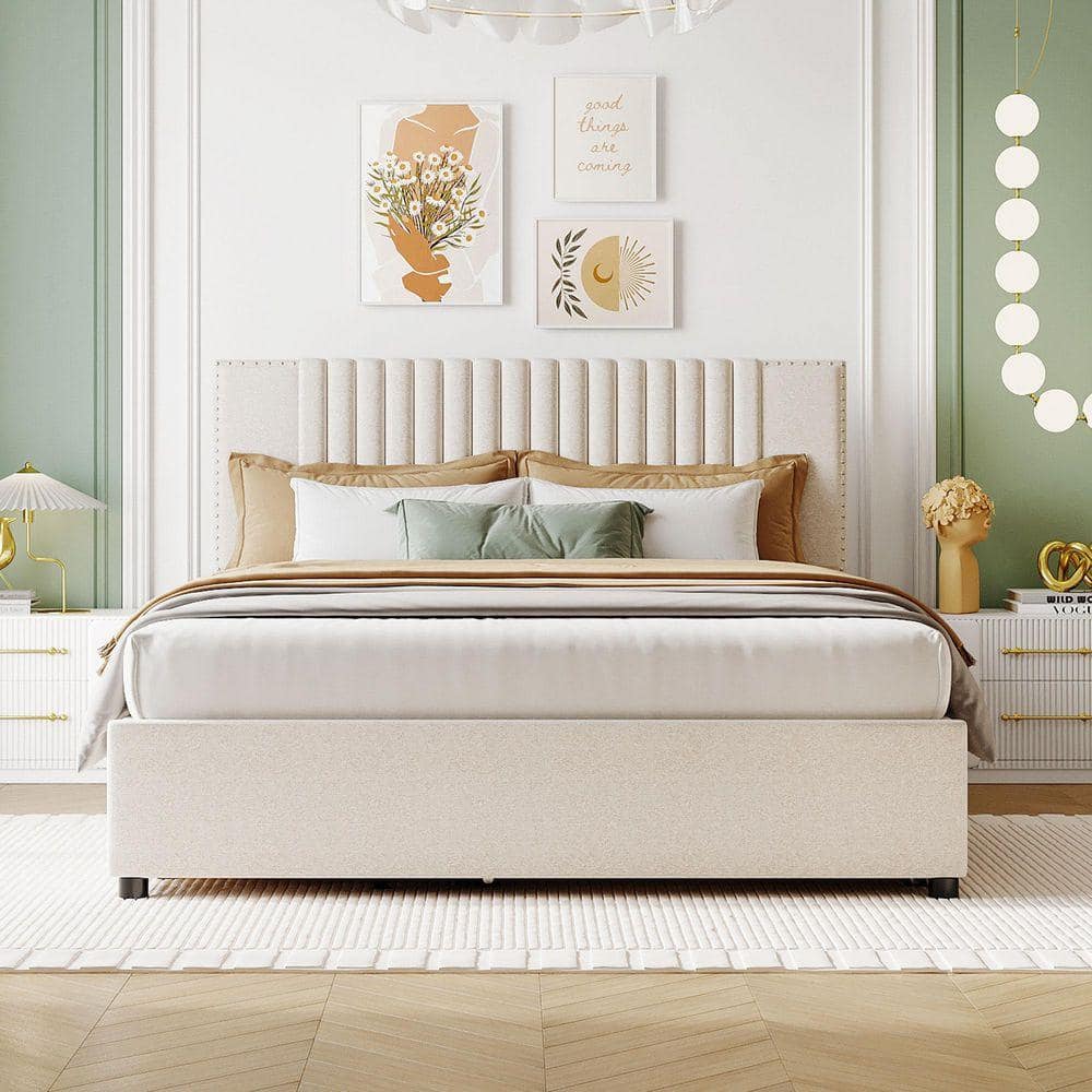 Qualler Beige Upholstered Wood Frame Queen Platform Bed with 2 Drawers and 1 Twin XL Trundle