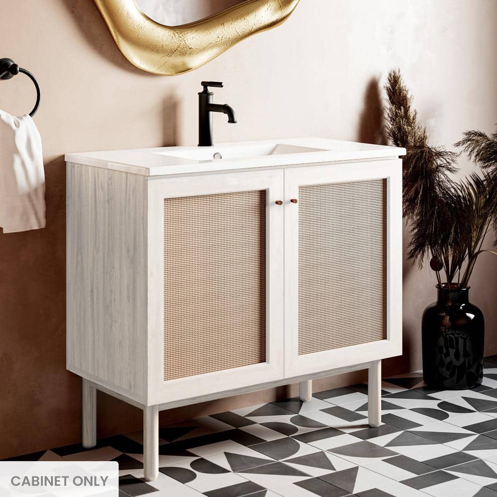 White Oak and Rattan Freestanding Bathroom Vanity Cabinet