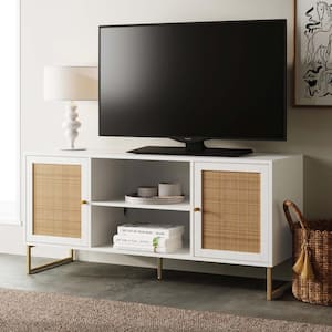 Mina 47 in. White/Gold TV Stand Entertainment Cabinet Media Console with Rattan Storage Doors Fits TVs Up to 55 in.