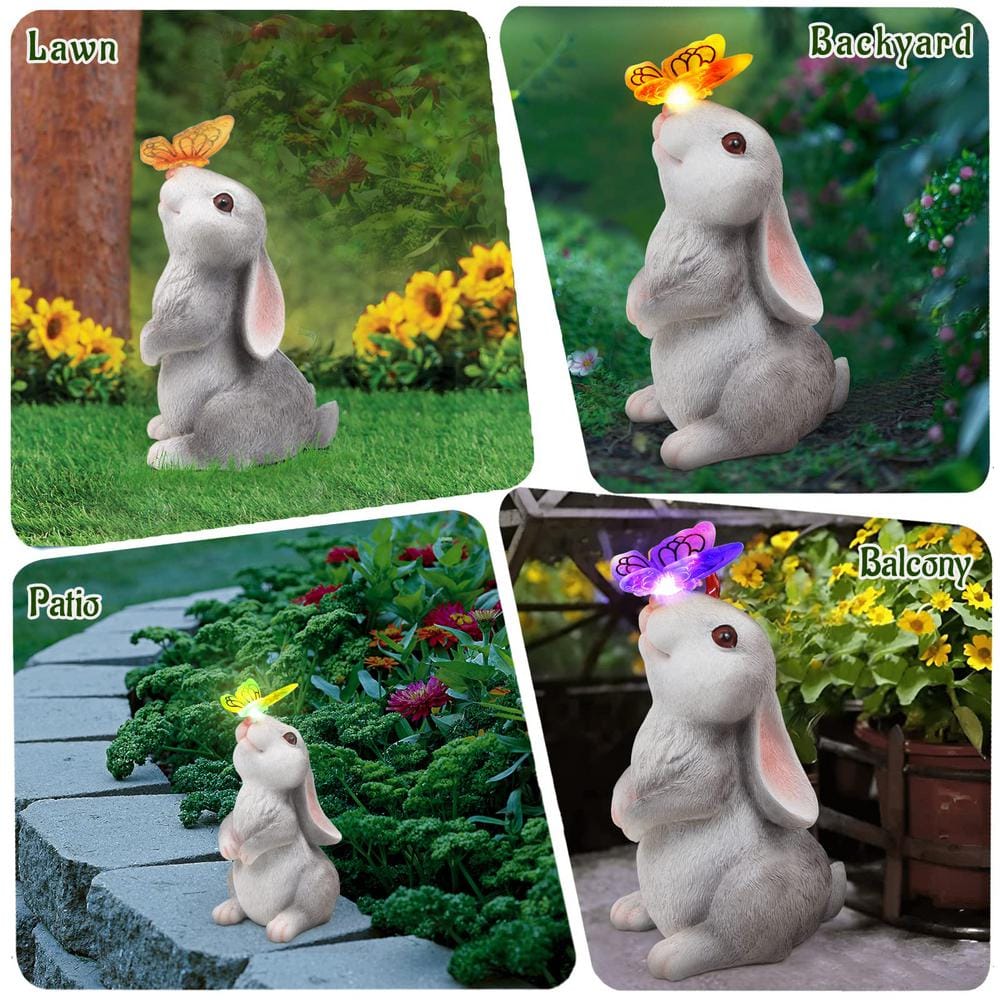 Gray Resin Rabbit with Solar Butterfly Garden Statue