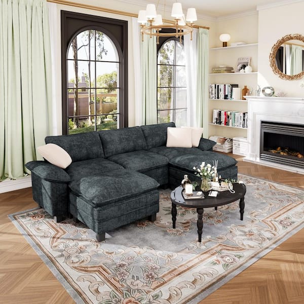 123.6 in. Flared Arm 5-Seat Chenille U-Shaped Modular Sectional Sofa in Cerulean-dark-Cyan with Pillows and Ottomans