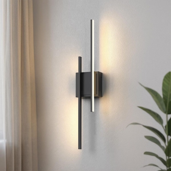 24 in. 2-Light Black Dimmable Wall Sconce Set of 2, Modern Double Rod Wireless Wall Lights for Bedroom Living Room