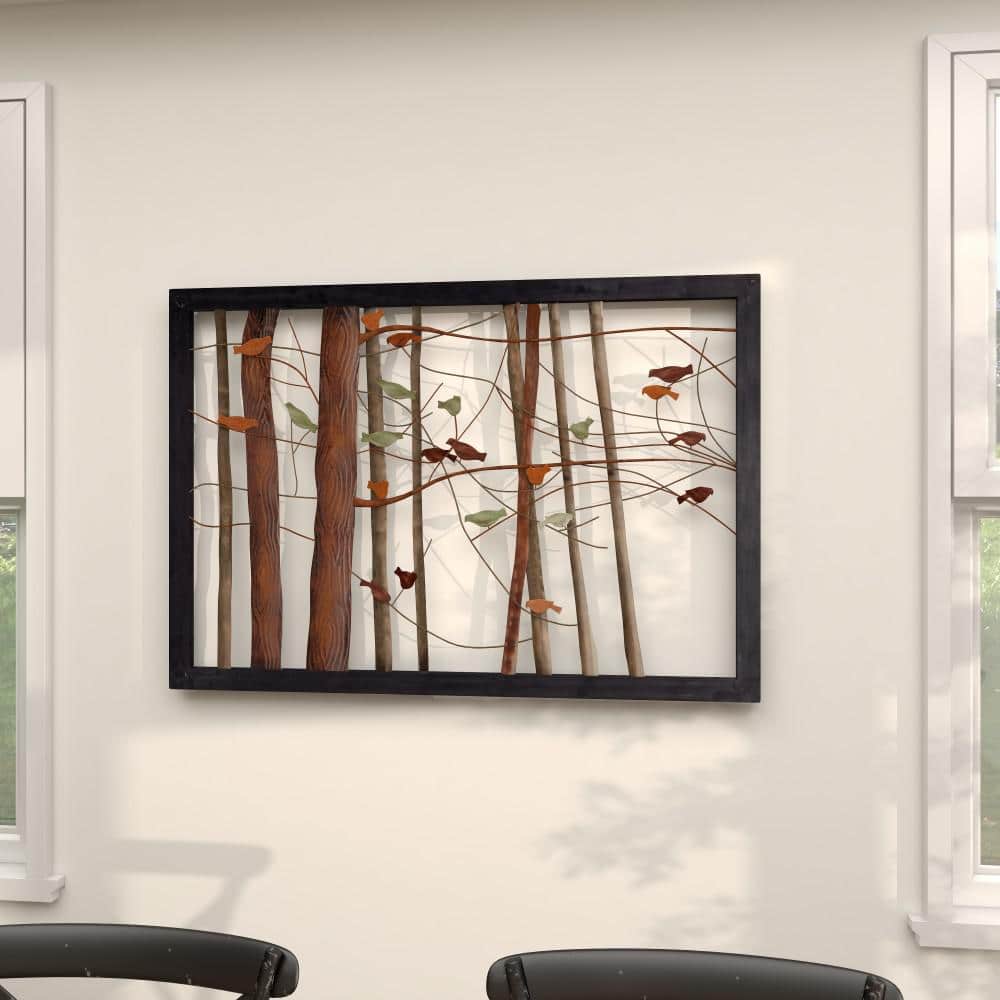 Multi Colored Metal Bird and Tree Wall Sculpture, 39" x 27"
