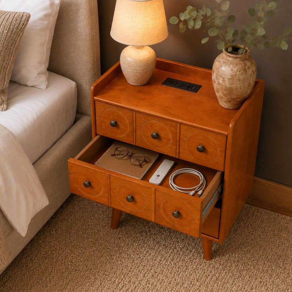 Natural 2-Drawer Wood Nightstand with 2-Charging Station and Solid Wood Legs