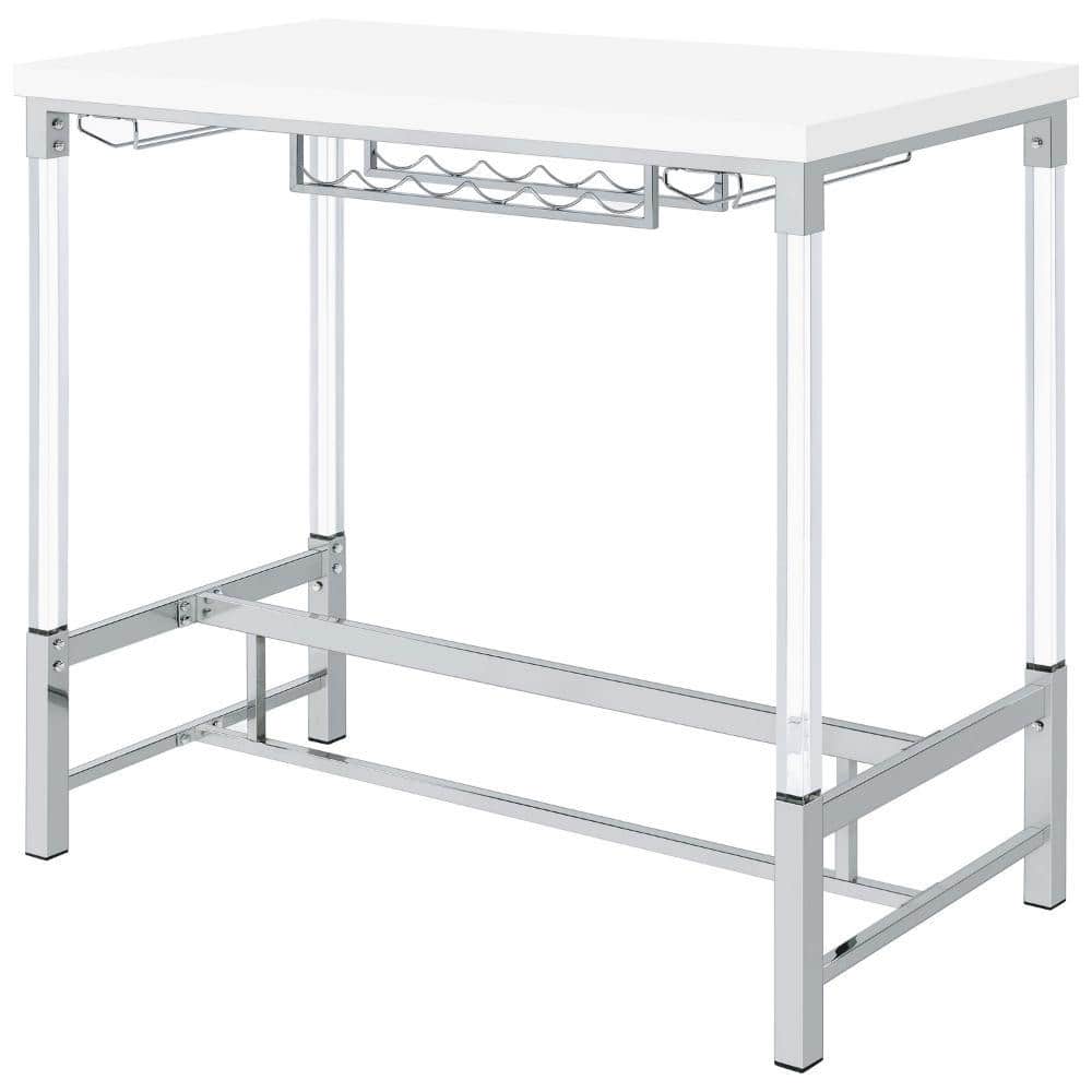 White Acrylic and Metal Bar Height Table with Wine Storage