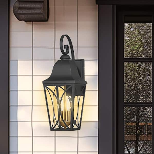 Cardigan 20.5 in. Sand Black and Olden Brass Outdoor Hardwired Lantern Wall Sconce with Glass Shades, No Bulbs Included