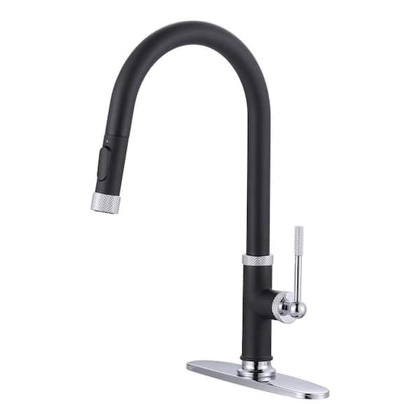 ALEASHA Slim Single Handle Pull Down Sprayer Kitchen Faucet with Deckplate and 360 degree swivel spout in Chrome and Black