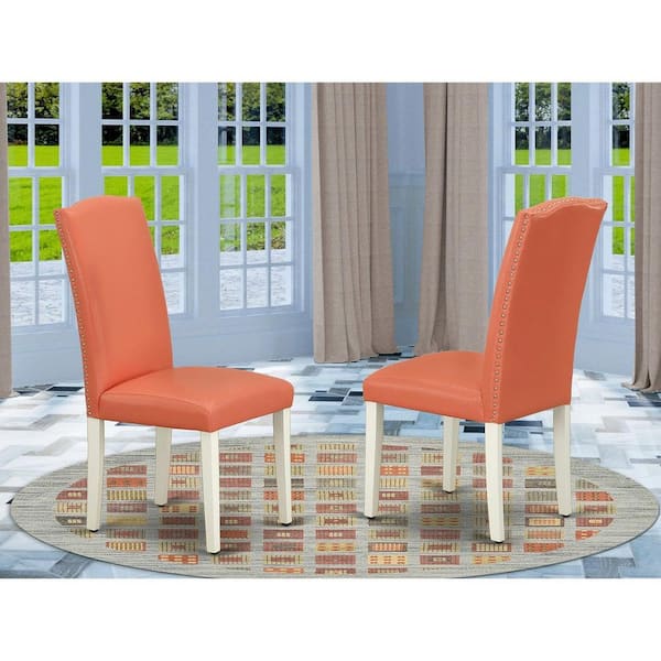 East West Furniture Linen White, Parsons Dining Chairs - Nailhead Trim Pink Flamingo Faux Leather Upholstered Chairs, Set Of 2