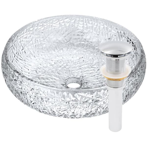 Novatto Diamante 16.5 in. Vessel Bathroom Sink Diamond in Clear Crystal Glass with Drain in Chrome
