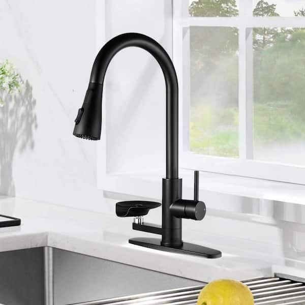 17.7 in. Matte Black Pull-Down Kitchen Faucet with Press-Type Glass Rinser, Temperature Display and 360˚ Swivel Spout