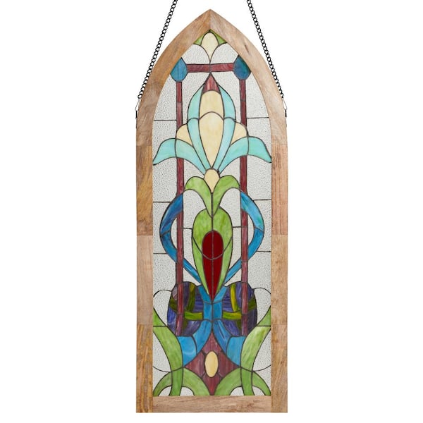 Art Nouveau Blue Geometric Floral Cathedral Stained Glass Window Panel