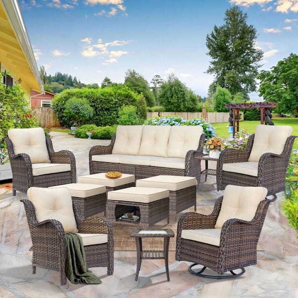 Brown 11-Piece Wicker Patio Furniture Set Sofa Seating Swivel Rockers Ottomans Side Table with Beige Cushions
