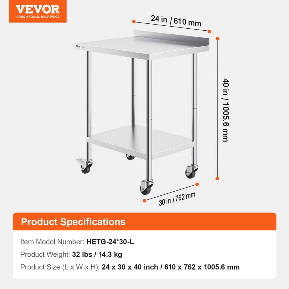 Silver Stainless Steel Adjustable Height Kitchen Prep Table with Casters