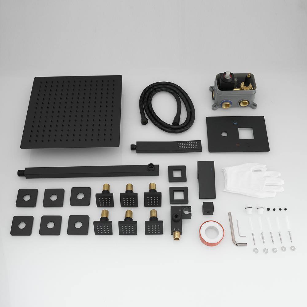 Matte Black 12-Inch Stainless Steel Multi-Head Wall Mounted Shower System