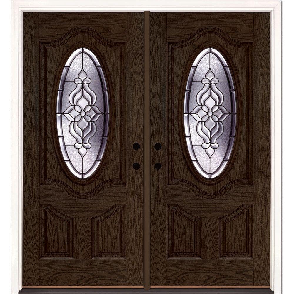74 in. x 81.625 in. Lakewood Patina 3/4 Oval Lite Stained Walnut Oak Right-