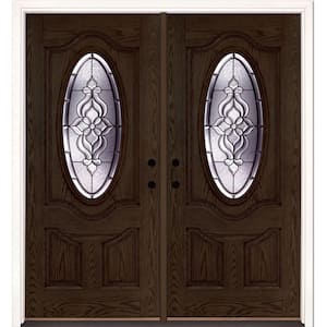 74 in. x 81.625 in. Lakewood Patina 3/4 Oval Lite Stained Walnut Oak Right-Hand Fiberglass Double Prehung Front Door