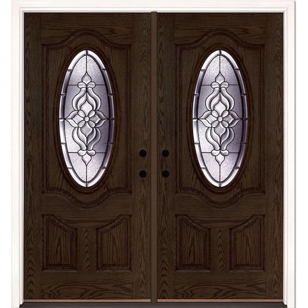 Feather River Doors 74 in. x 81.625 in. Lakewood Patina 3/4 Oval Lite  Stained Walnut Oak Right-Hand Fiberglass Double Prehung Front Door  723991-400 - The Home Depot
