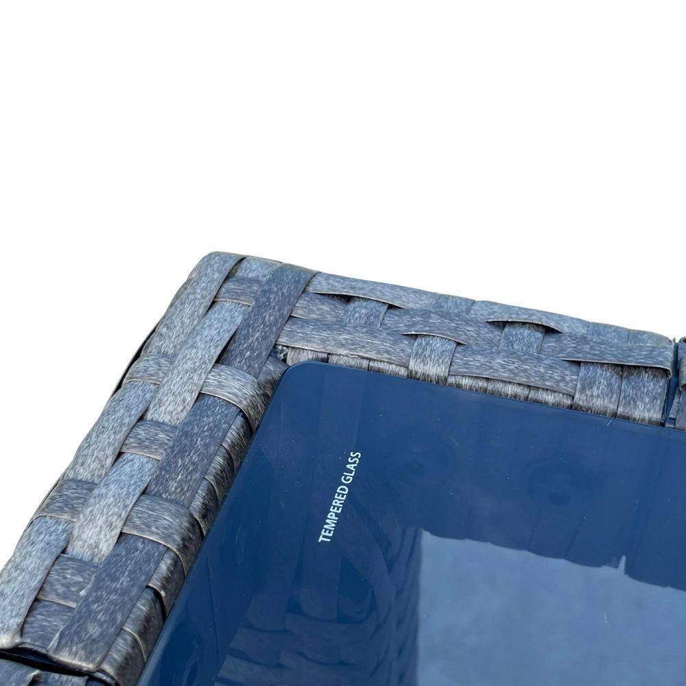 Close-up of the tempered glass tabletop with label.